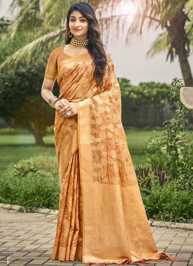 Organza Light Orange Traditional Wear Printed Saree